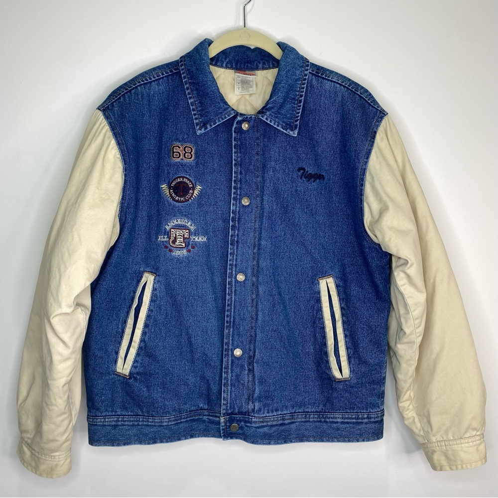 Vintage Disney Blue and Cream Denim Varsity Bomber Jacket